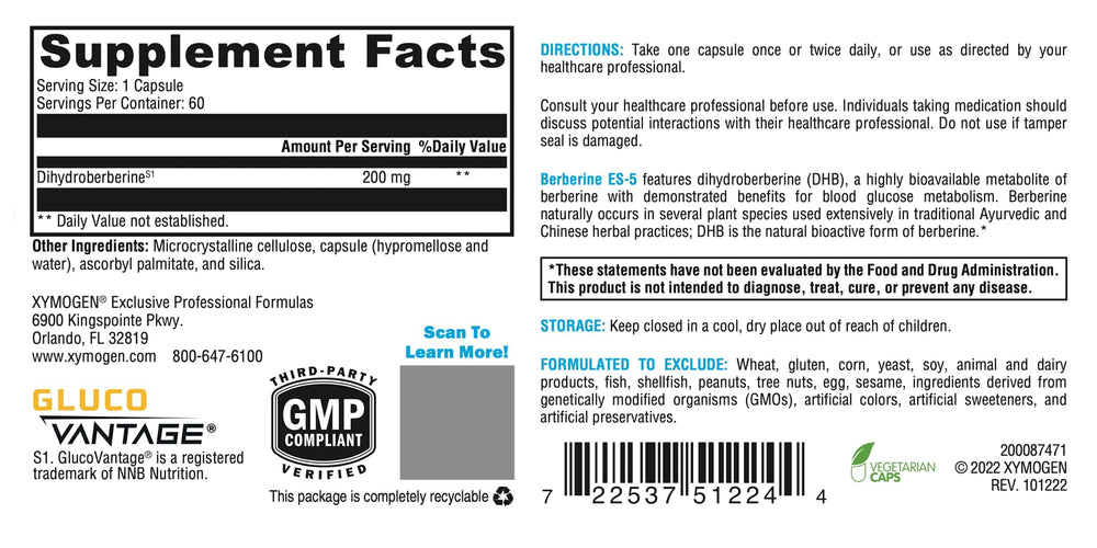 XYMOGEN Berberine ES-5 capsules closeup highlights DHB for enhanced bioavailability