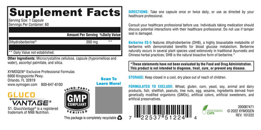 XYMOGEN Berberine ES-5 capsules closeup highlights DHB for enhanced bioavailability