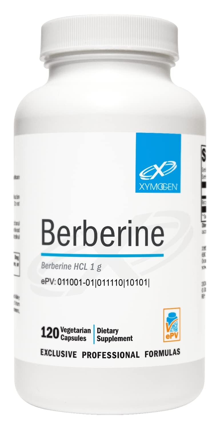 XYMOGEN Berberine HCL 1000mg bottle with label indicating metabolic support benefits