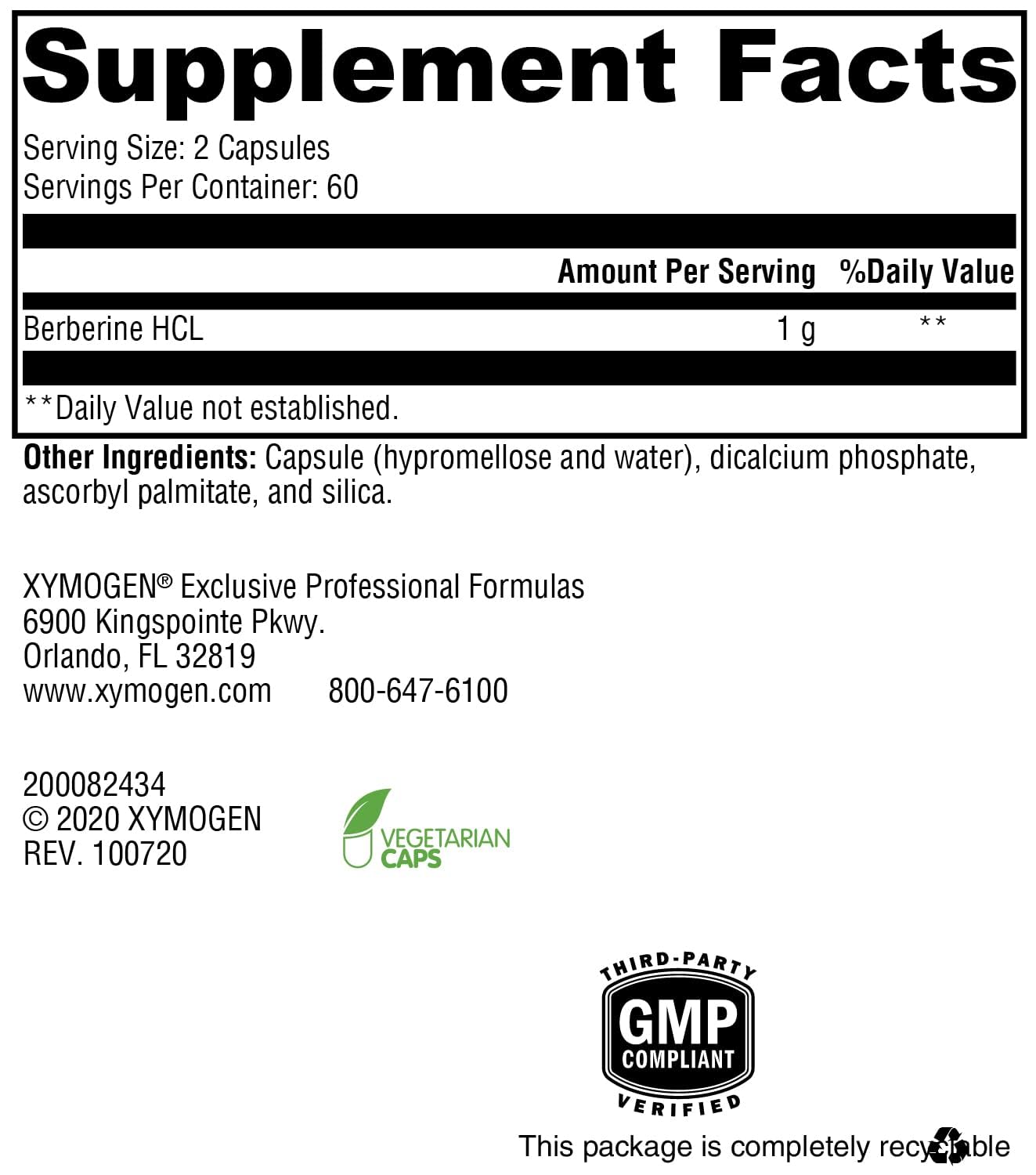 XYMOGEN Berberine HCL 1000mg capsules ready for daily use