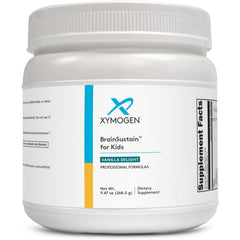 XYMOGEN BrainSustain for Kids bottle with vanilla flavor supports focus during homework.