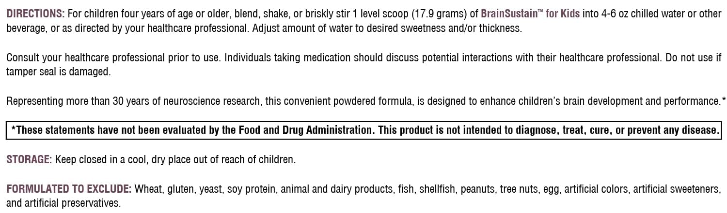 BrainSustain kids nutrition panel shows 6g protein per serving for energy.