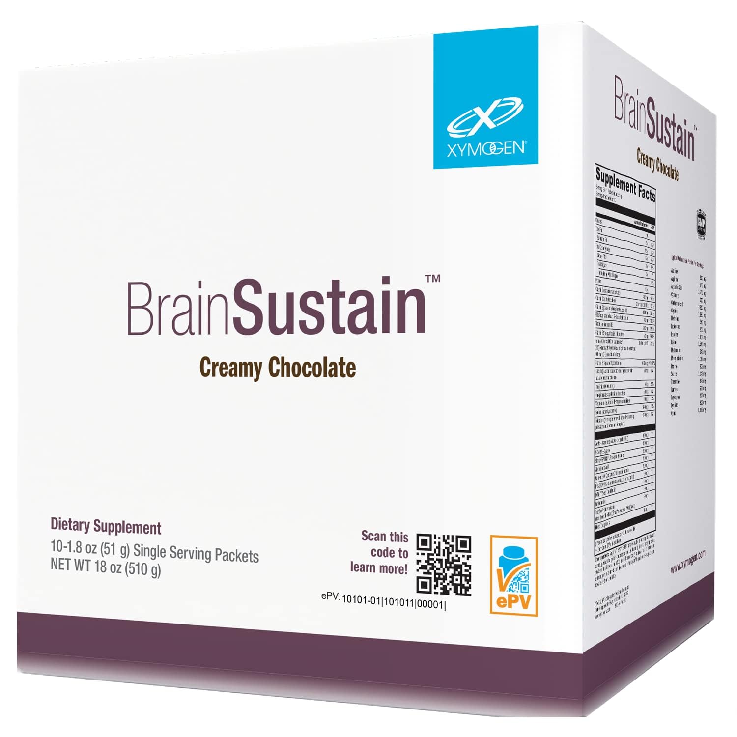 XYMOGEN BrainSustain packet label close-up showing gluten-free and dairy-free features.