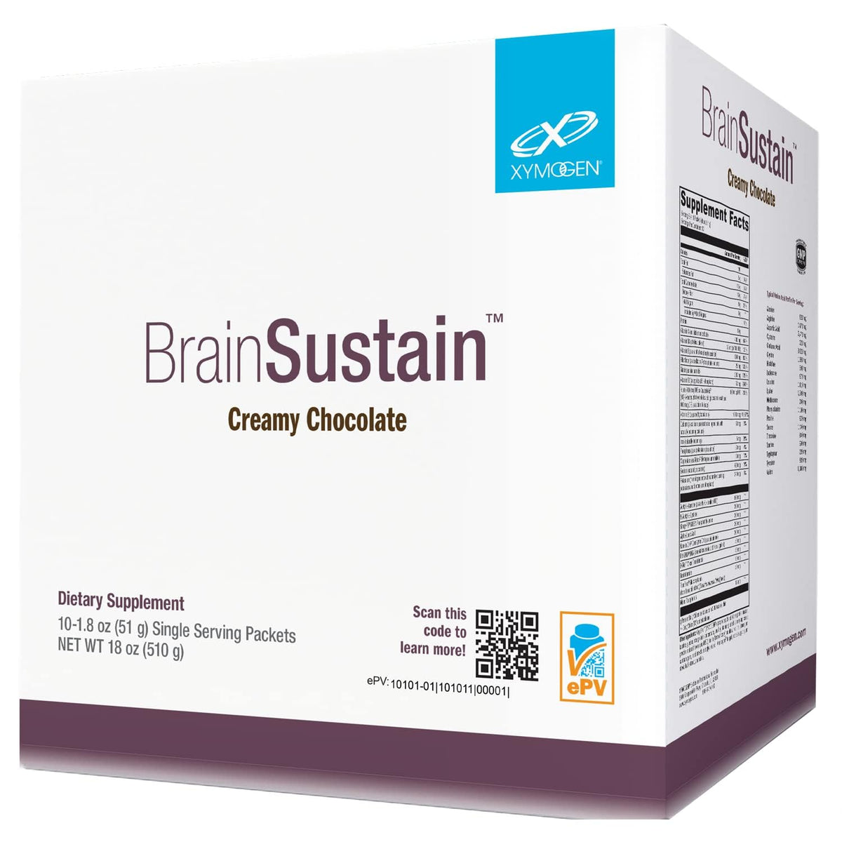 XYMOGEN BrainSustain packet label close-up showing gluten-free and dairy-free features.