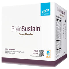 XYMOGEN BrainSustain packet label close-up showing gluten-free and dairy-free features.
