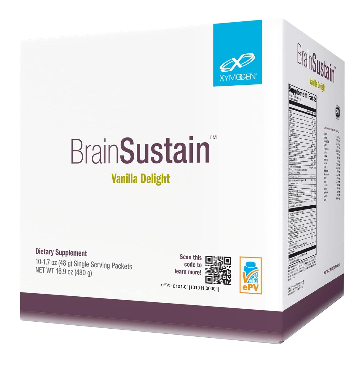 XYMOGEN BrainSustain Vanilla Delight tub with gluten-free and non-GMO labeling