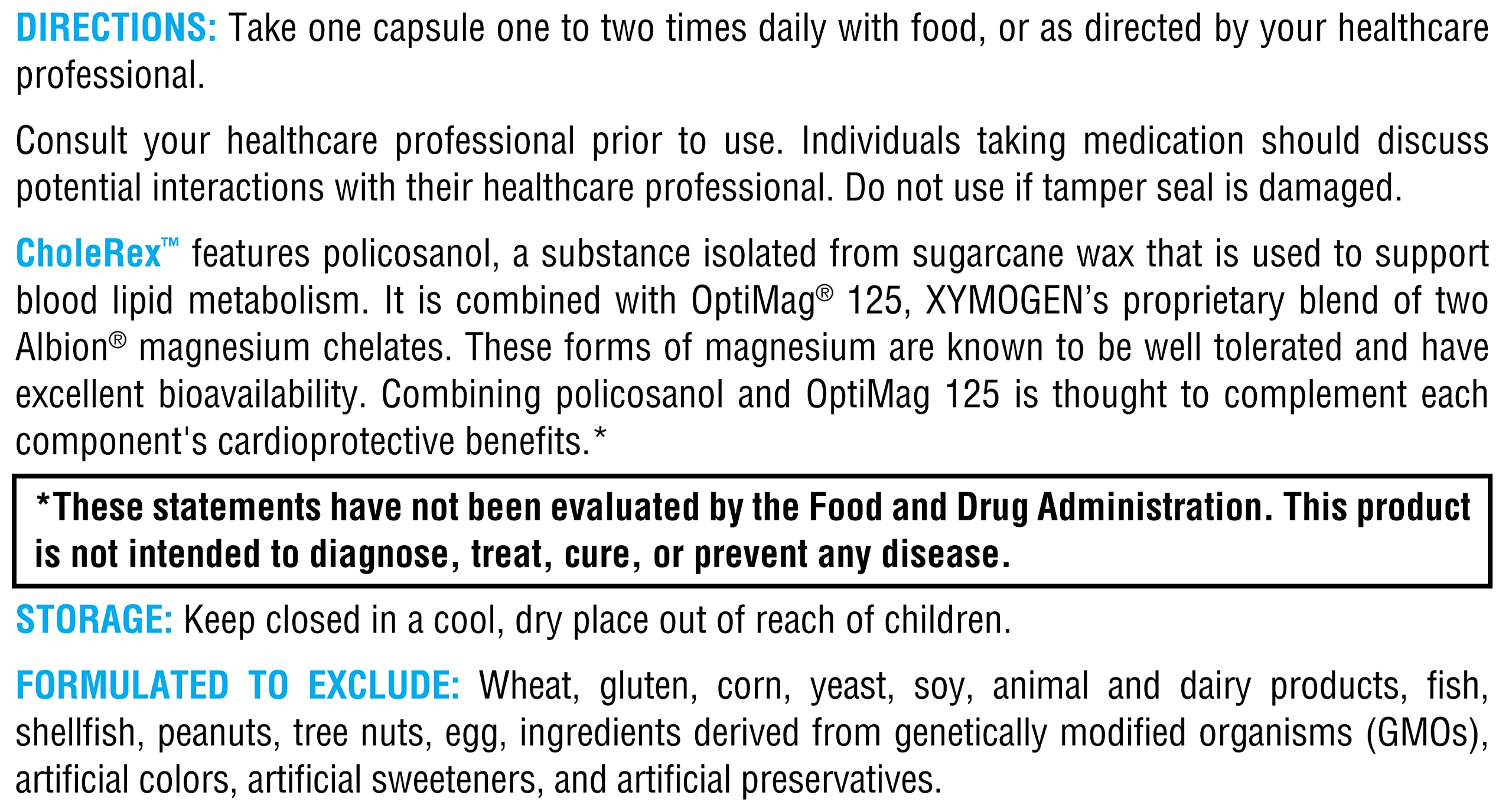 XYMOGEN CholeRex nutrition panel highlights sugarcane-derived policosanol.