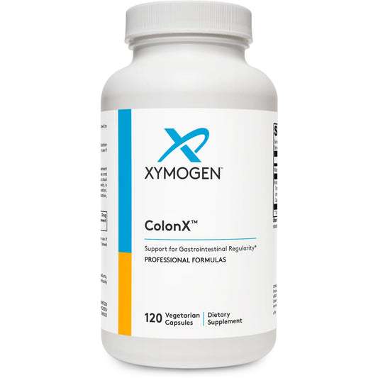 XYMOGEN ColonX bottle with capsules supporting digestive regularity and comfortable routine.