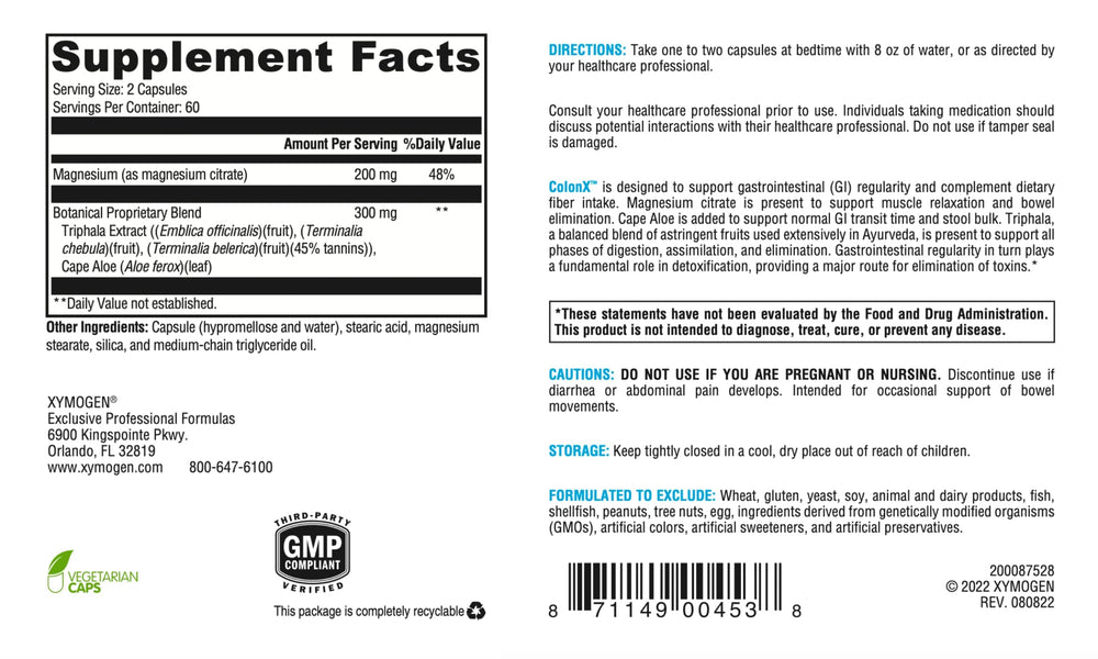 XYMOGEN ColonX magnesium-citrate promotes relaxed muscles for smoother transit.