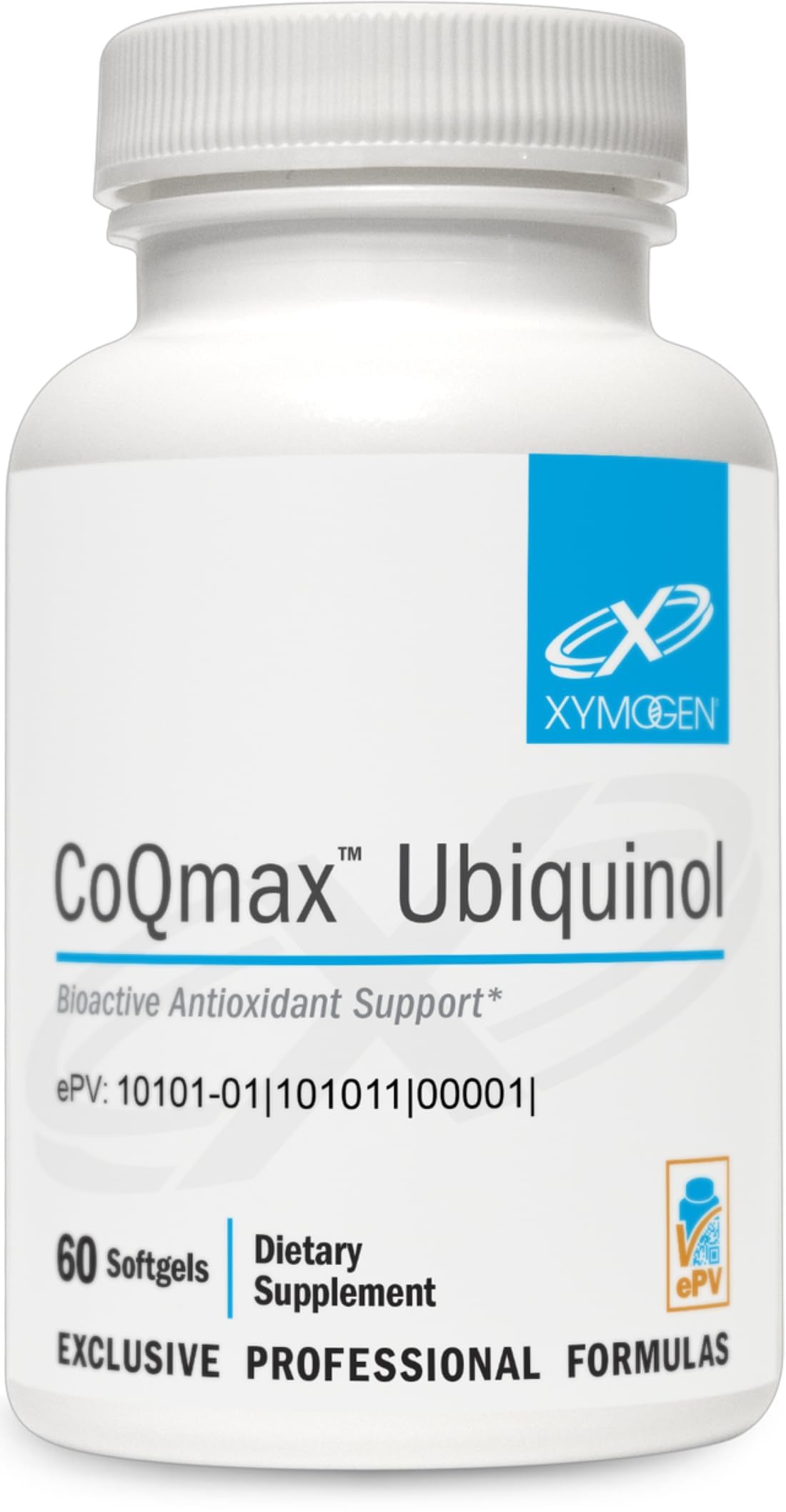 XYMOGEN CoQmax ubiquinol softgel bottle highlighting antioxidant activity and energy support