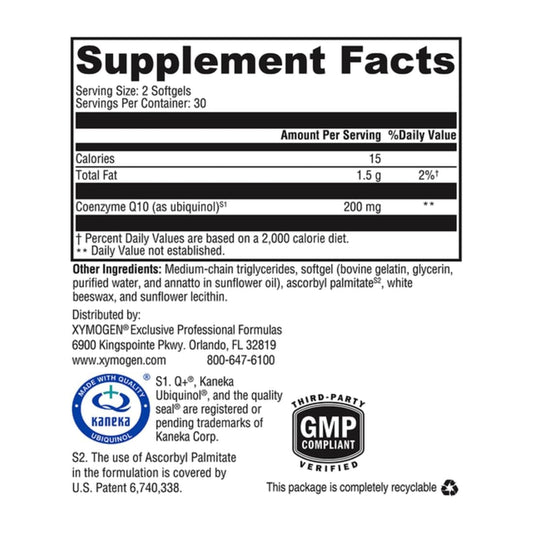 XYMOGEN CoQmax ubiquinol softgel closeup emphasizing smooth capsules and bioavailability