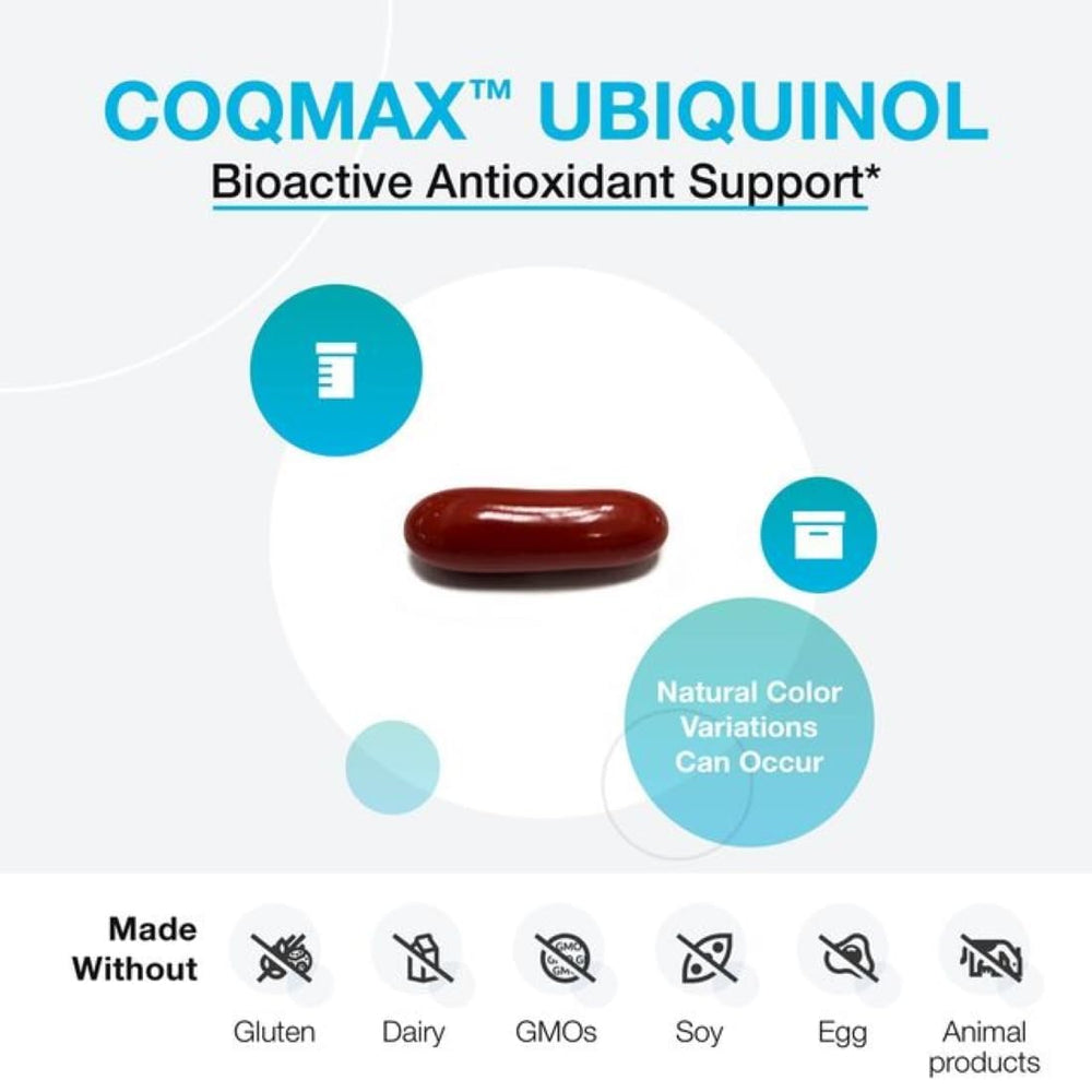 XYMOGEN CoQmax ubiquinol softgel label shows allergen-free, non-GMO formulation
