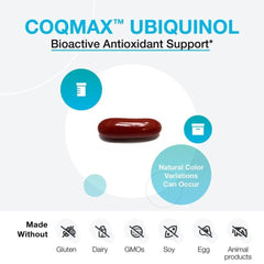 XYMOGEN CoQmax ubiquinol softgel label shows allergen-free, non-GMO formulation