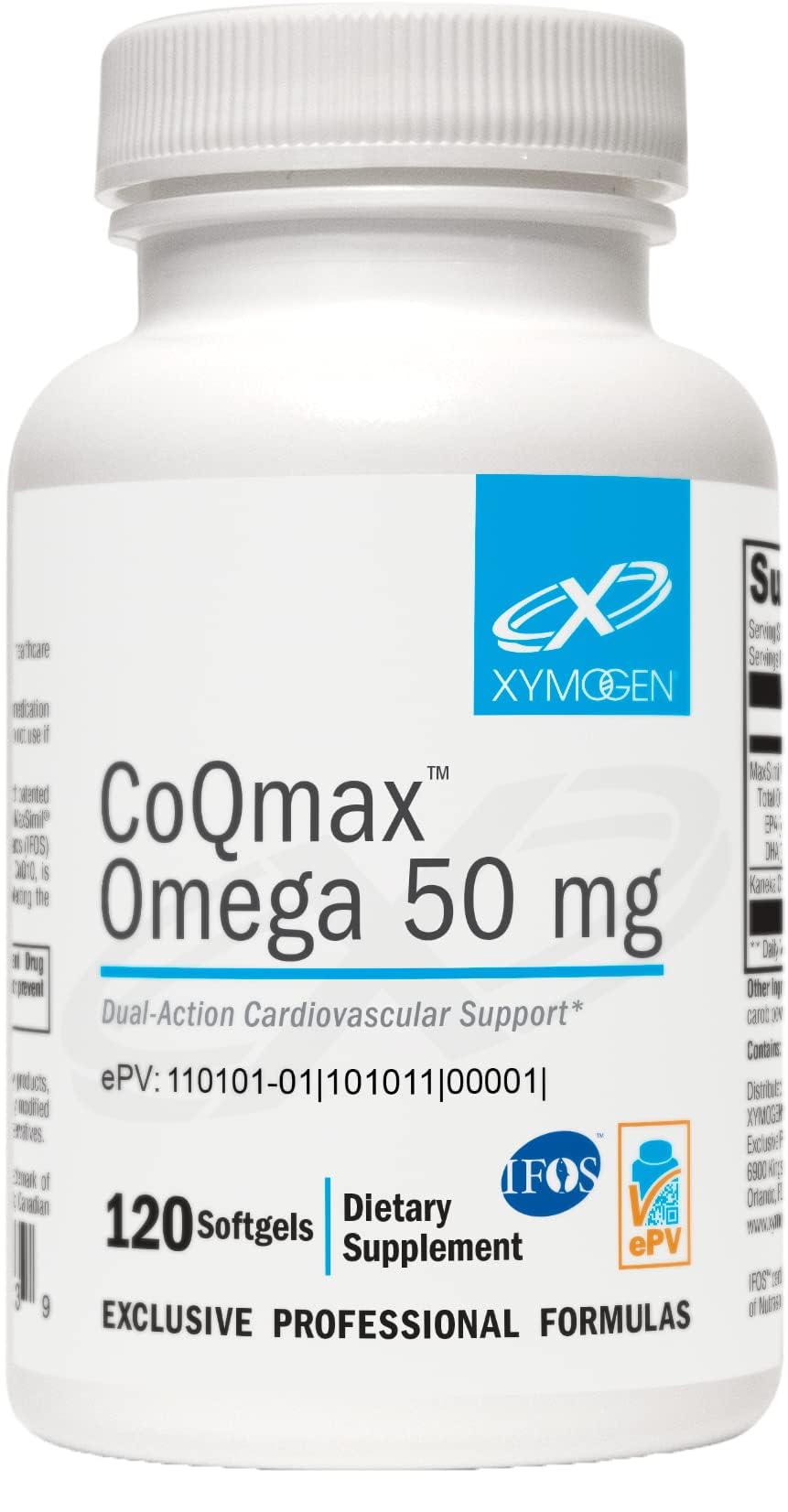 XYMOGEN CoQmax Omega bottle front showing dual-action formula for heart support