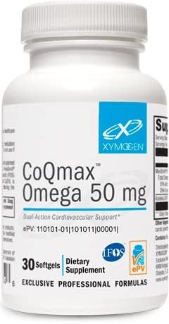 XYMOGEN CoQmax Omega bottle on a kitchen counter for daily energy support