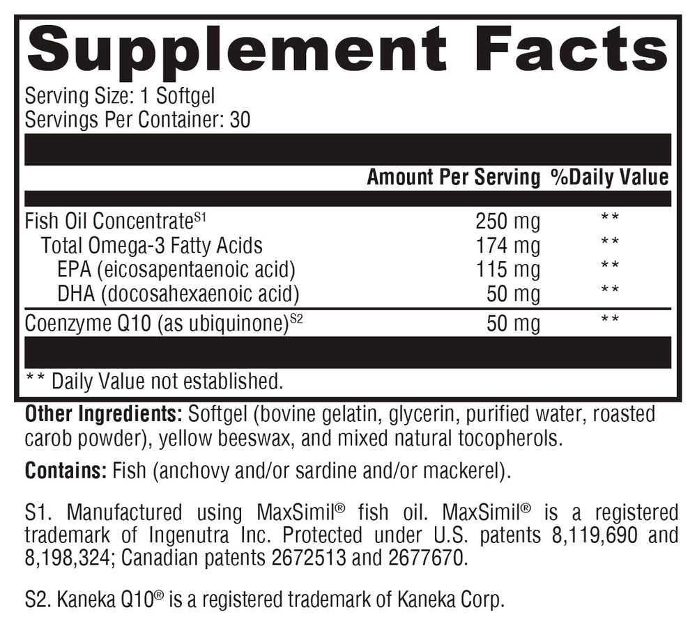 Softgels from XYMOGEN CoQmax Omega in a bottle, ready for daily use