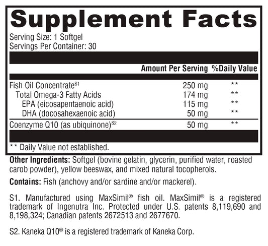 Softgels from XYMOGEN CoQmax Omega in a bottle, ready for daily use