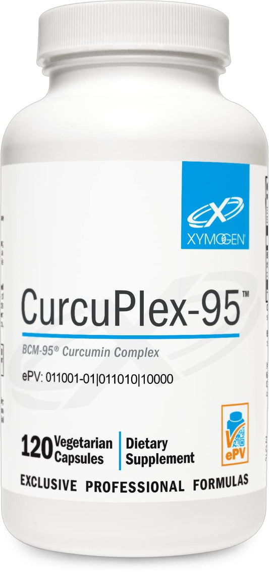 XYMOGEN CurcuPlex-95 bottle front with easy-to-swallow vegan capsules.