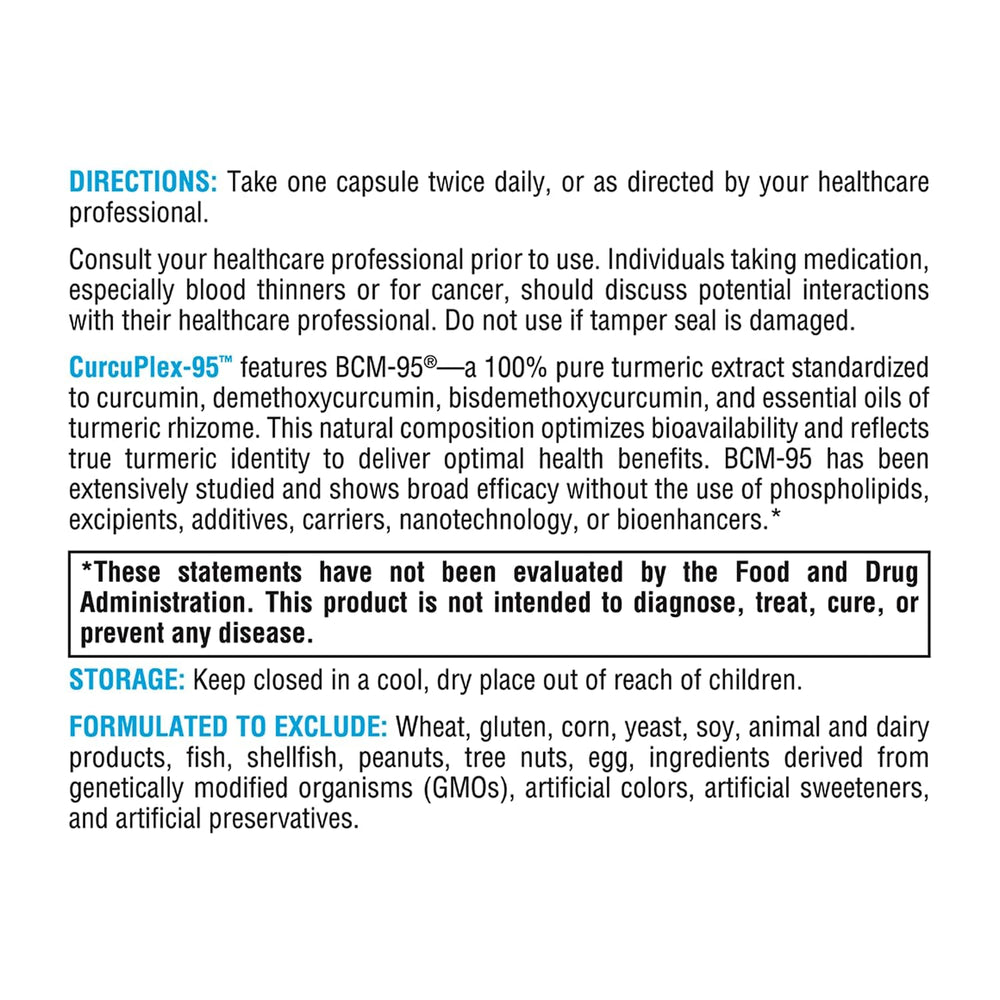 XYMOGEN CurcuPlex-95 nutrition facts panel and info.