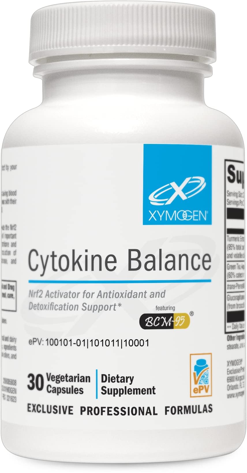 XYMOGEN Cytokine Balance bottle label indicating antioxidant support