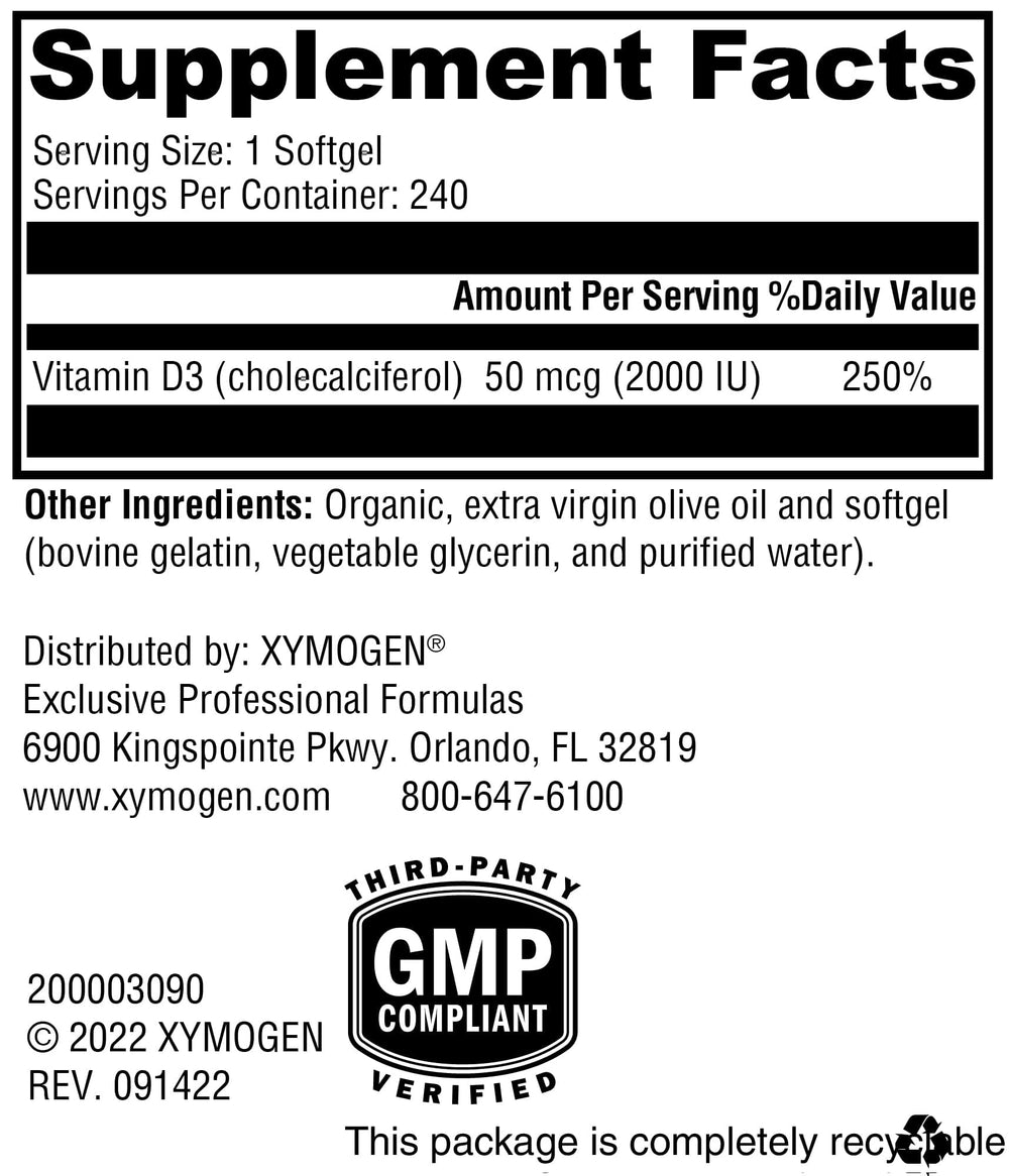 XYMOGEN D3 2000 IU bottle back-label highlighting allergen-free purity.