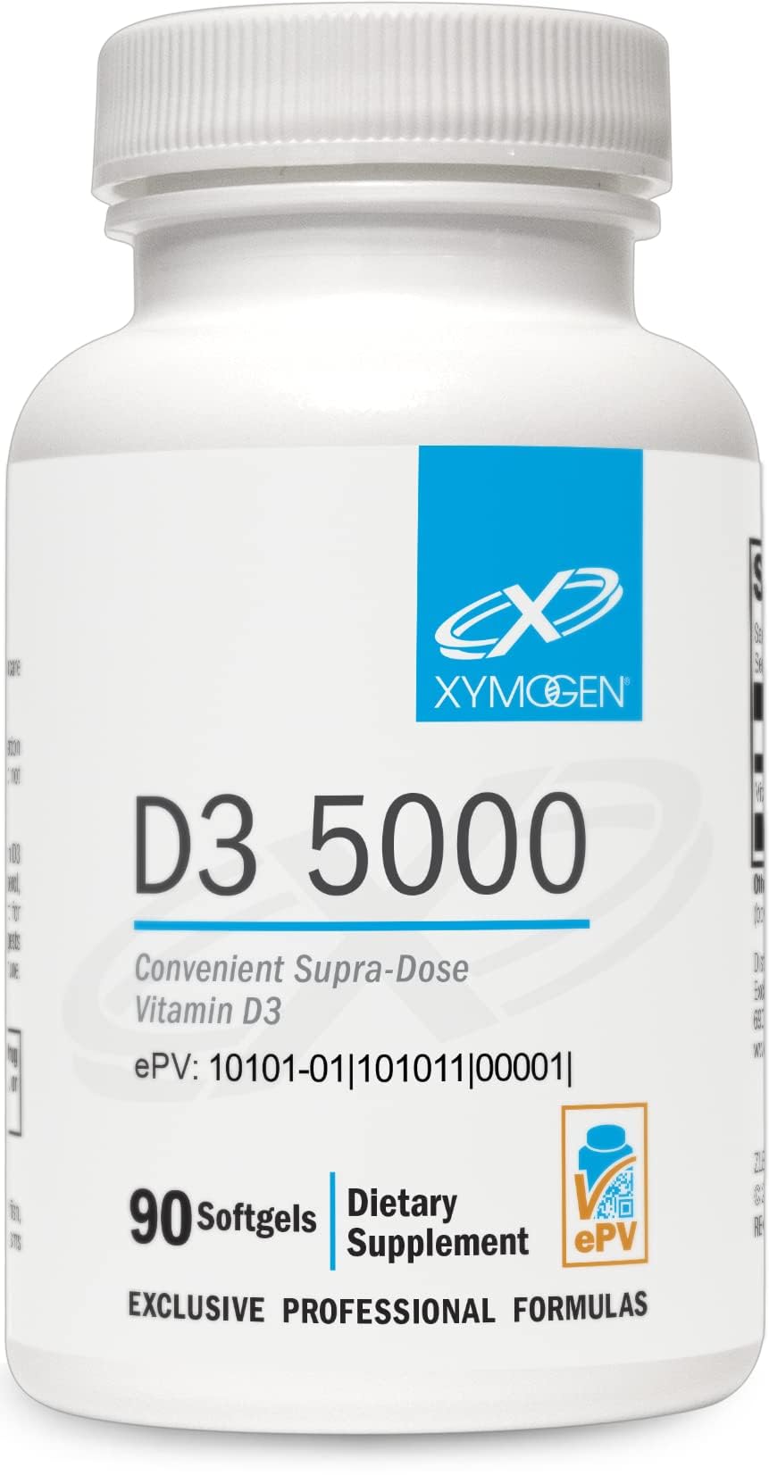 XYMOGEN D3 5000 bottle with 90 softgels for immune support.