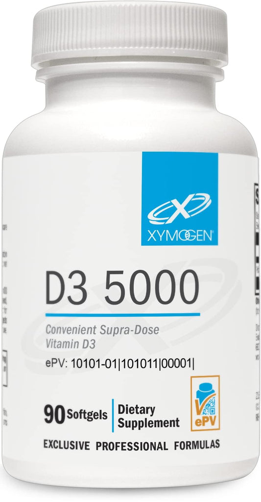 XYMOGEN D3 5000 bottle with 90 softgels for immune support.