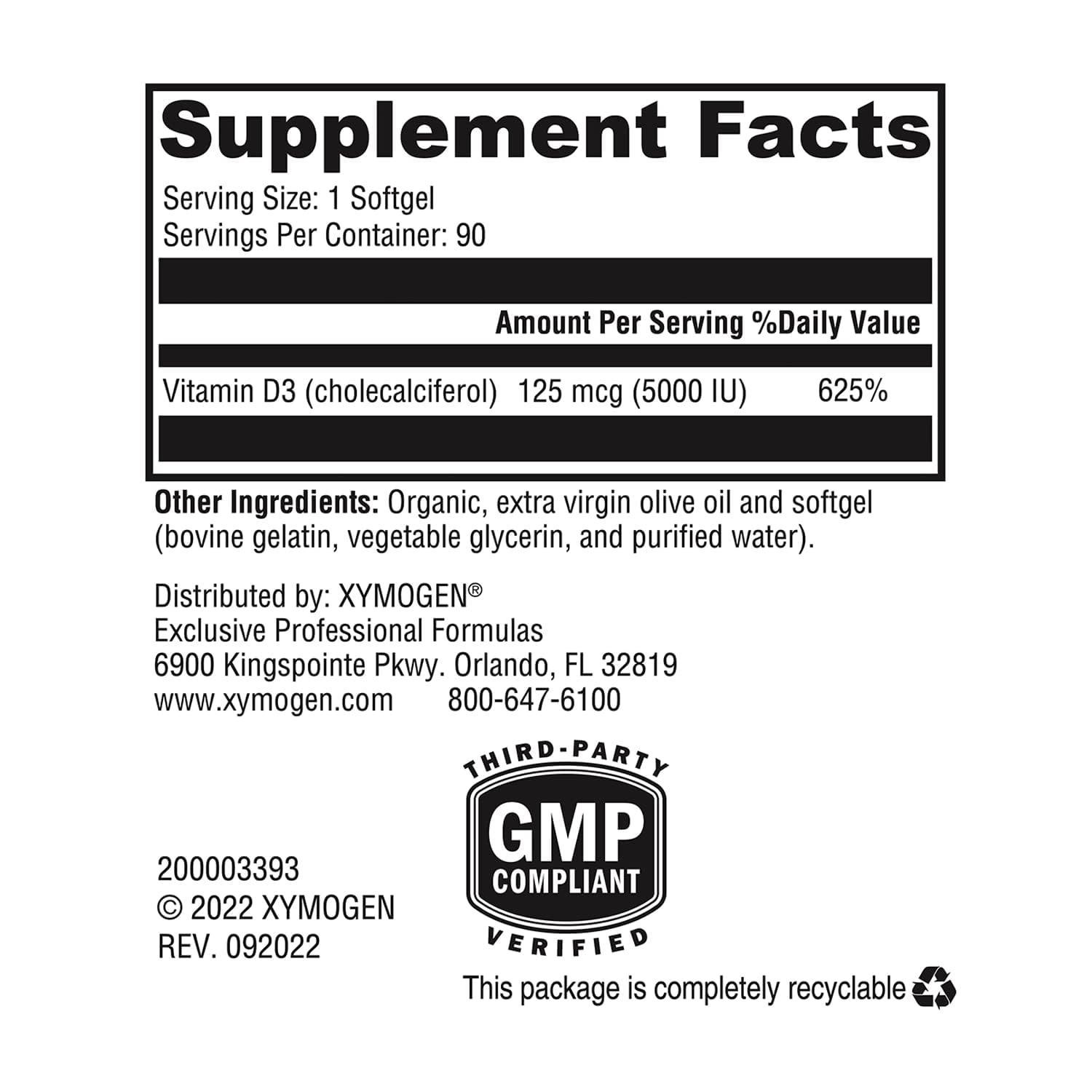 XYMOGEN D3 5000 allergen-free label showing gluten and dairy free formula.