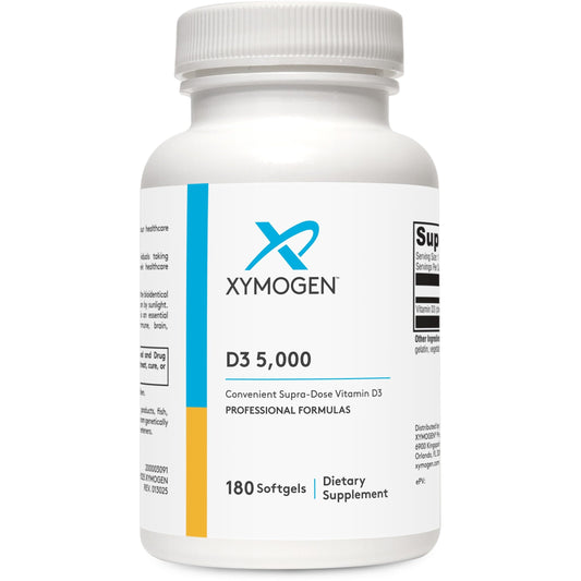 Xymogen D3 5000 softgels in a bottle for immune support and easy daily use.