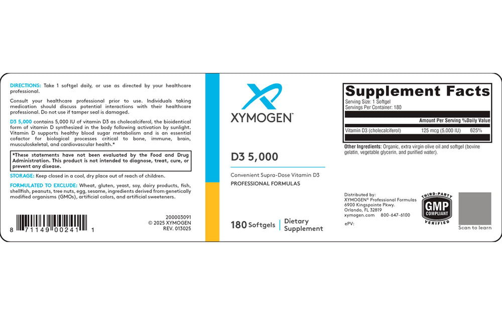 Xymogen D3 5000 softgel on white background emphasizing potency.