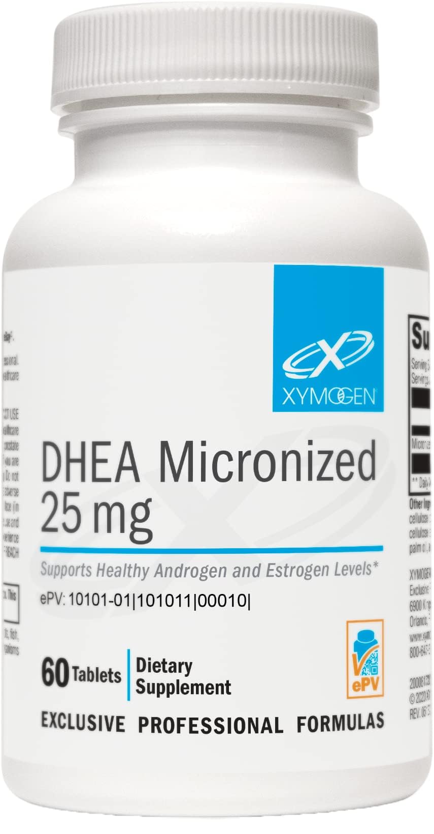 Xymogen DHEA 25 mg tablet bottle promoting daily hormonal support.