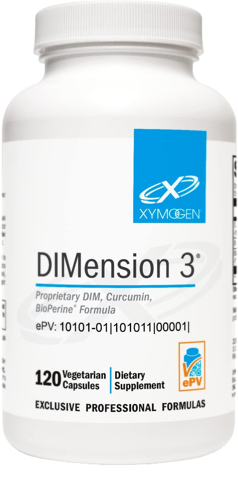 Xymogen Dimension 3 bottle label with DIM, curcumin, and BioPerine for hormonal balance.