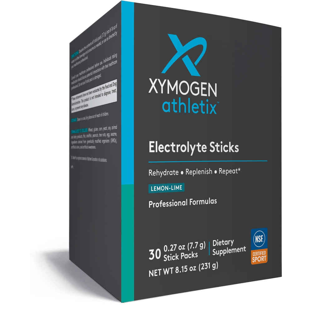 XYMOGEN Electrolyte Stick packaging with lemon-lime flavor for quick daily hydration.