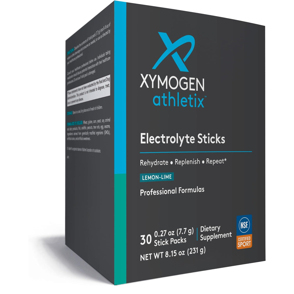 XYMOGEN Electrolyte Stick packaging with lemon-lime flavor for quick daily hydration.