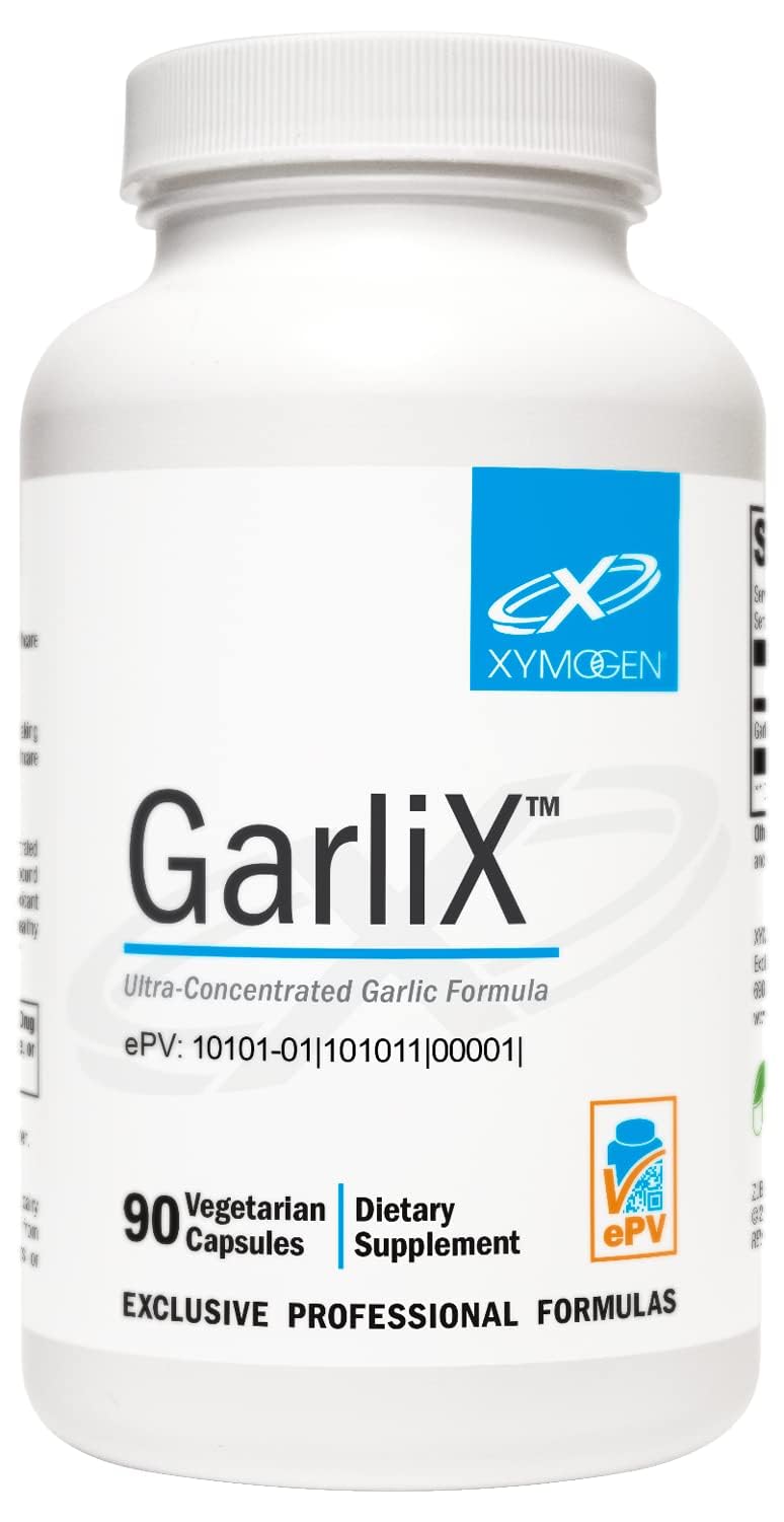 Xymogen GarliX ultra-concentrated garlic bottle shown for immune and cardiovascular support.