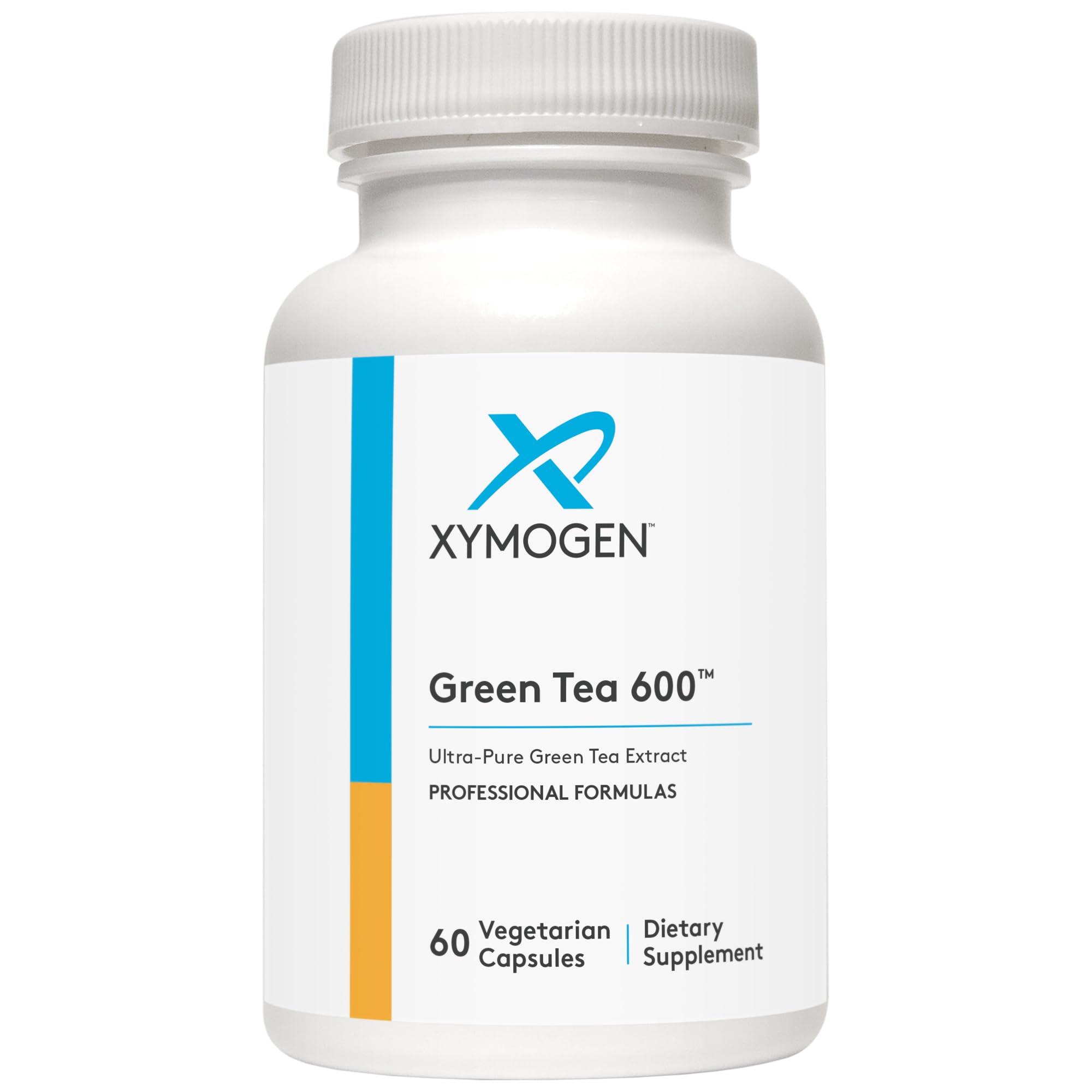 Capsules being poured from XYMOGEN Green Tea 600 bottle for easy daily use