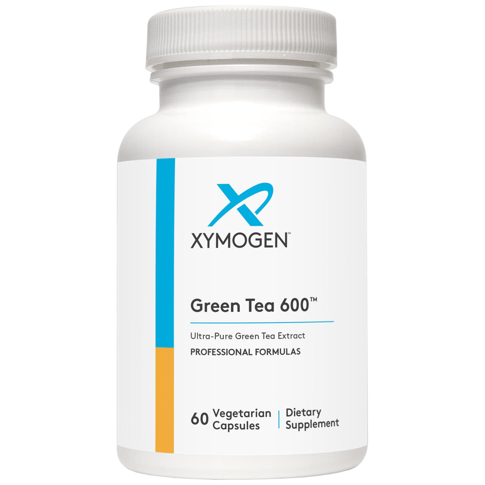 Capsules being poured from XYMOGEN Green Tea 600 bottle for easy daily use
