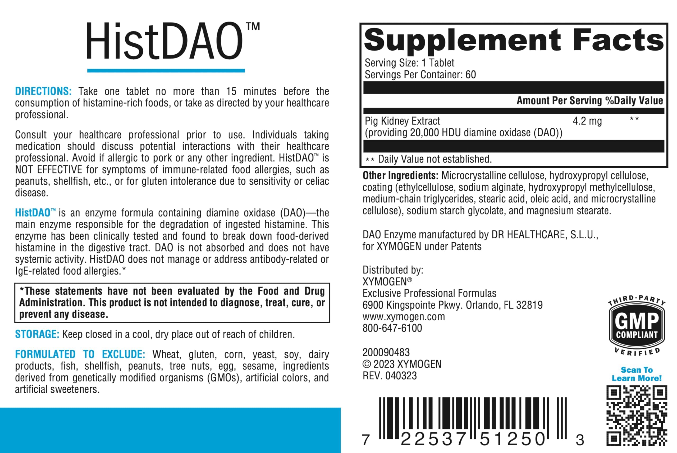 XYMOGEN HistDAO bottle with tablets supports gut enzyme availability.