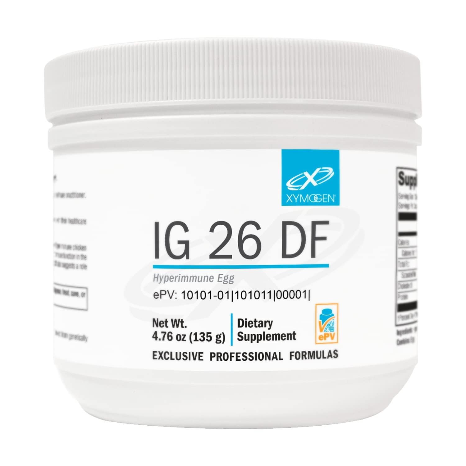 Xymogen IG 26 DF powder bottle shows a dairy-free immune support option with vanilla flavor.