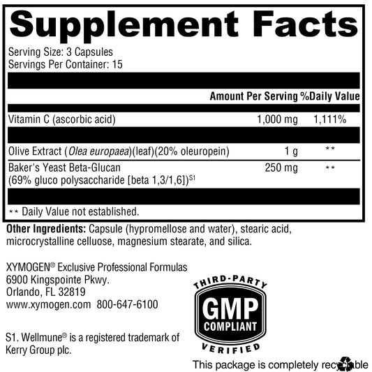 XYMOGEN Immune Essentials bottle label closeup highlighting ingredients