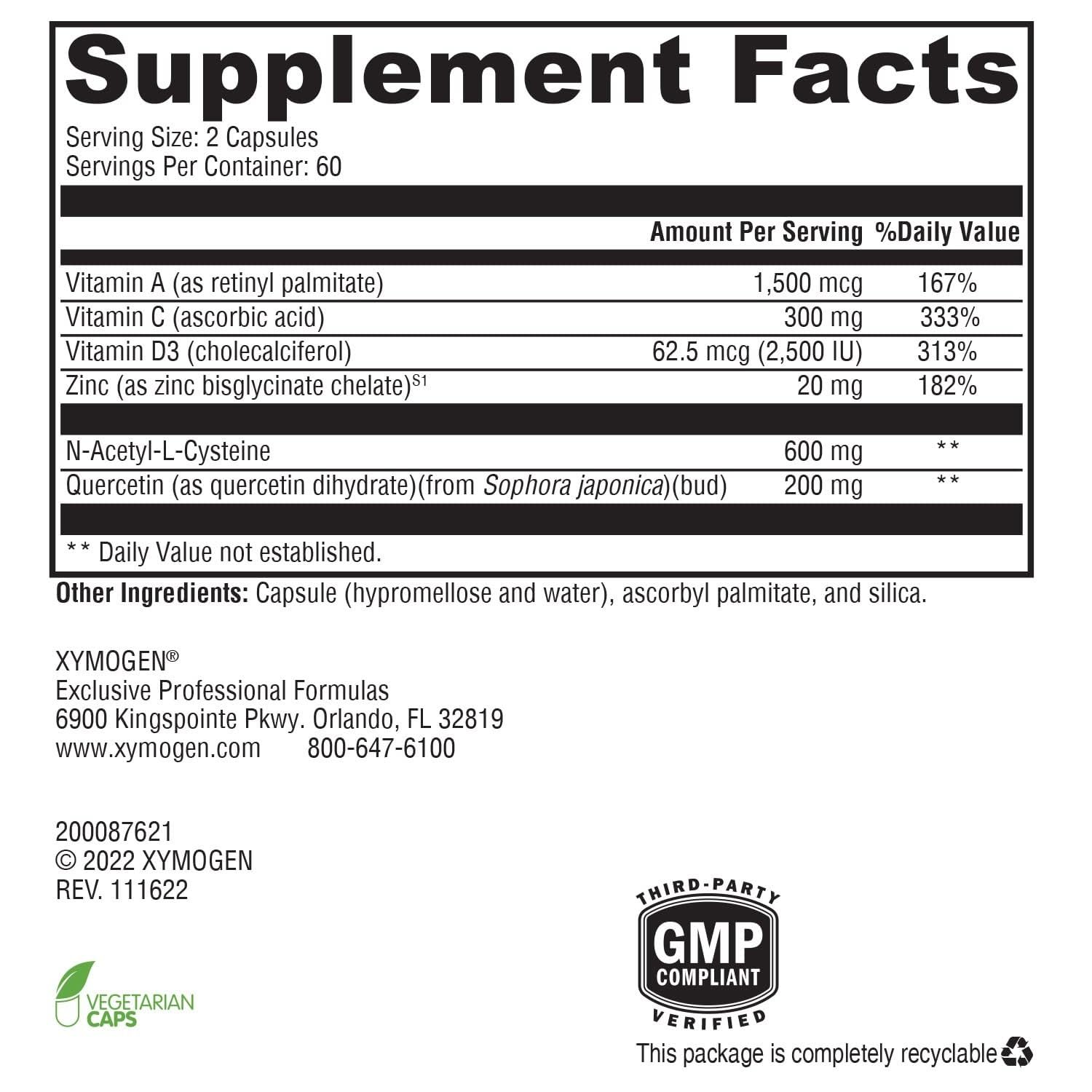 Xymogen Immune Essentials Daily bottle back lists ingredients for transparency and trust
