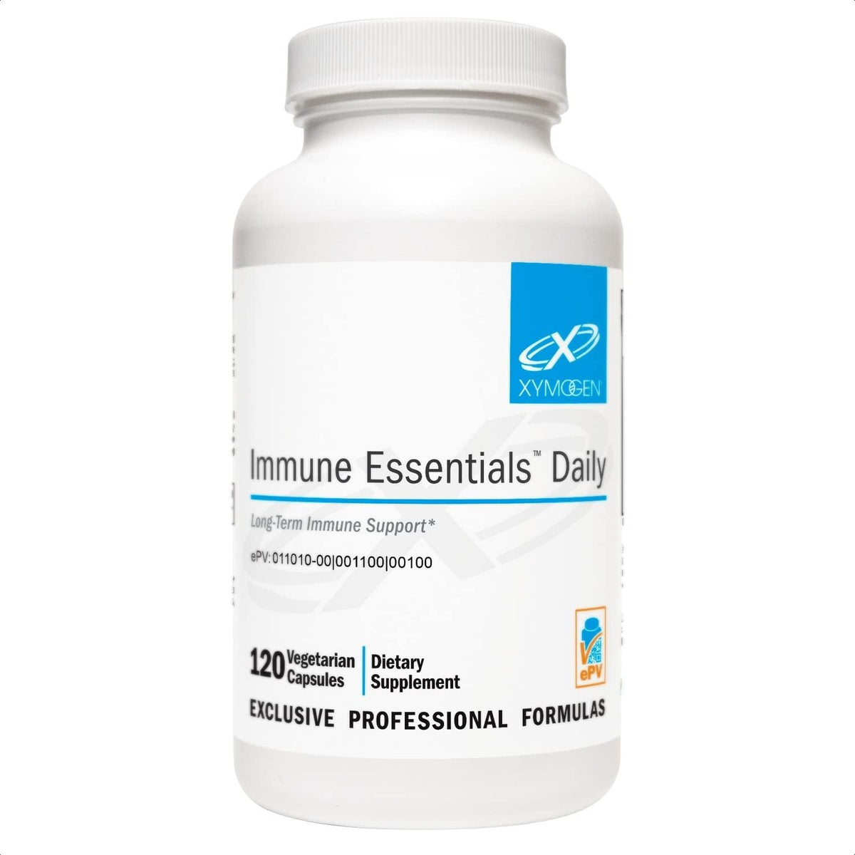 Xymogen Immune Essentials Daily bottle front highlighting long-term immune support