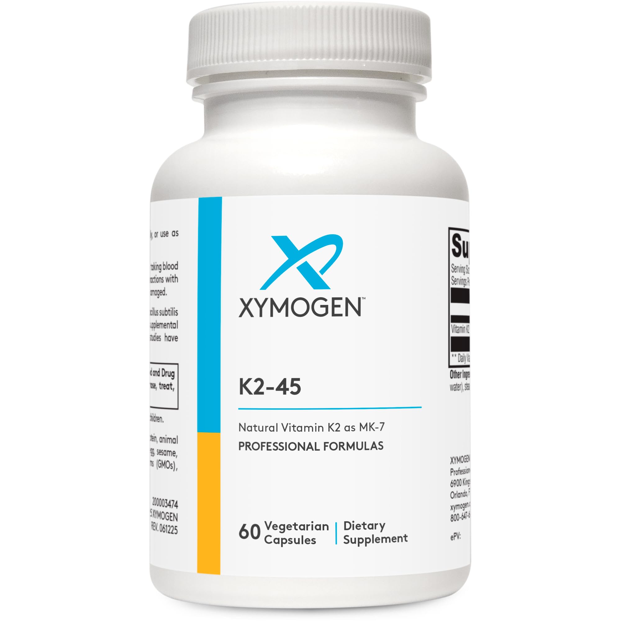 XYMOGEN K2-45 capsules in a bottle for potential bone support