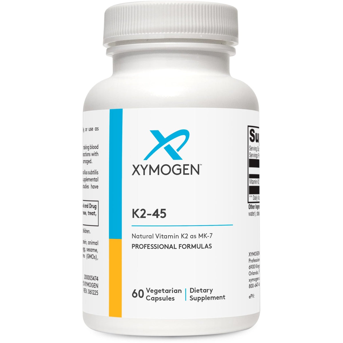 XYMOGEN K2-45 capsules in a bottle for potential bone support