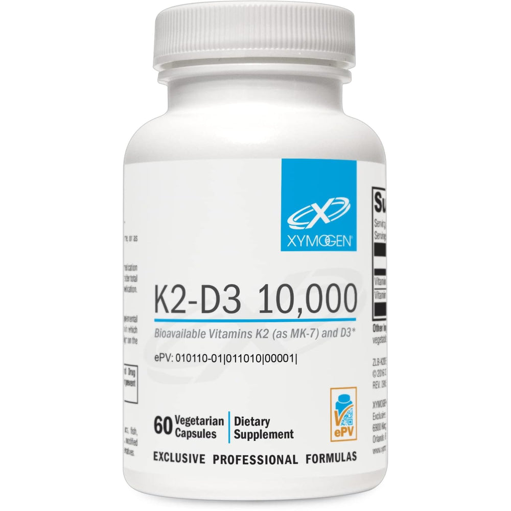 XYMOGEN K2-D3 10000 IU bottle front showing 60 capsules for daily use