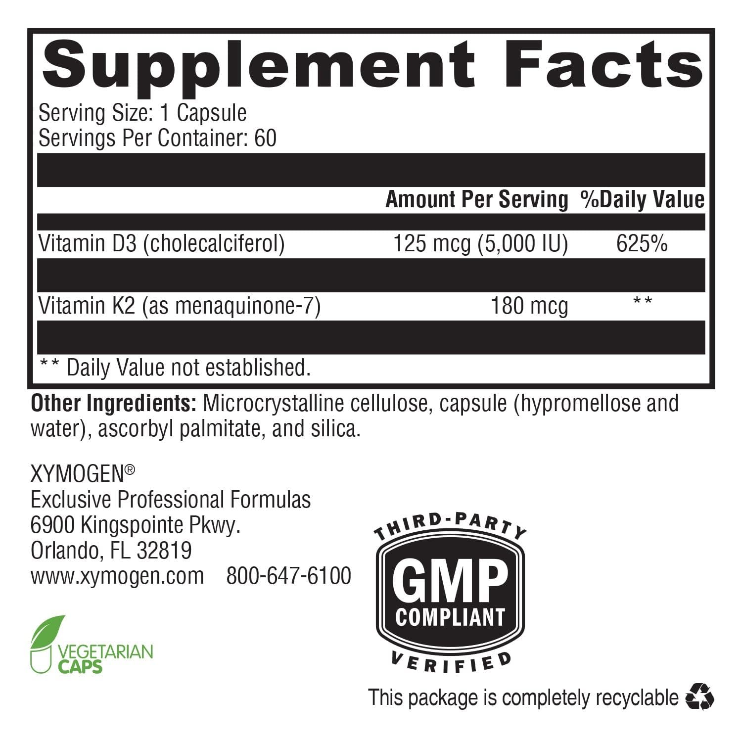 XYMOGEN K2-D3 5000 capsules close-up showing vegetarian capsules for daily D3 intake