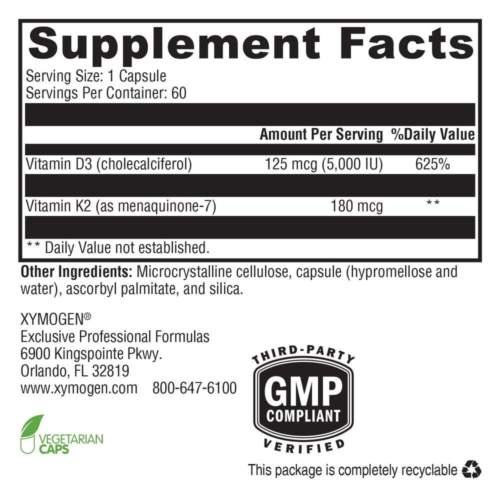 XYMOGEN K2-D3 5000 capsules close-up showing vegetarian capsules for daily D3 intake
