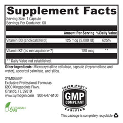 XYMOGEN K2-D3 5000 capsules close-up showing vegetarian capsules for daily D3 intake