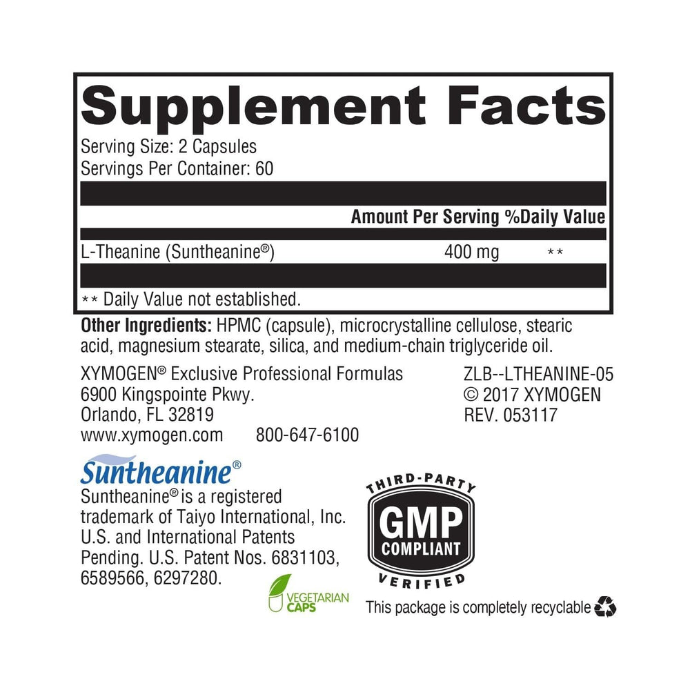 Closeup of XYMOGEN L-Theanine capsules highlighting 400 mg per serving for calm focus.