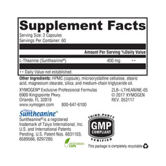Closeup of XYMOGEN L-Theanine capsules highlighting 400 mg per serving for calm focus.